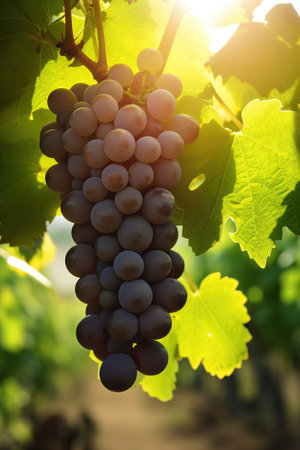 Summers Bounty, Luscious Grape Clusters on Display Against a Vineyard Backdrop, Generative AIの素材