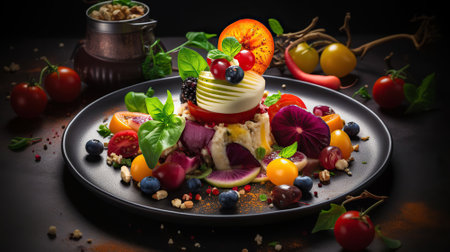 A delicious meal, with colorful and appetizing ingredients arranged in an attractive composition. Generative AIの素材