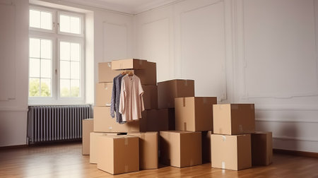 Bunch of blank unsigned moving boxes in new empty apartment. Spacious unfurnished room with unpacked cardboard box stack. Interior background, Generative AIの素材