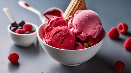 Indulge in Raspberry Heaven, Overhead Shot of Refreshing Ice Cream in a White Bowl. Generative AIの素材