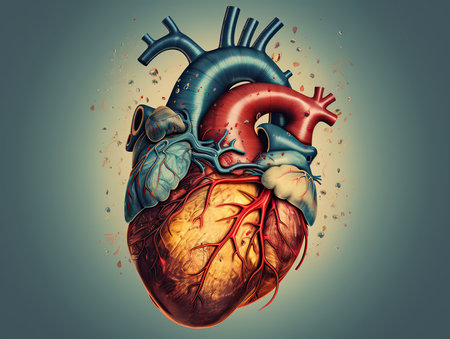 illustration of a human heart on black background, in the style of multilayered mixed media, Generative AIの素材