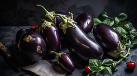 Bunch of ripe organic polished eggplants laid in composition on grunged stone background. Aubergine vegetables at table counter. Clean eating concept. Generative AIの素材