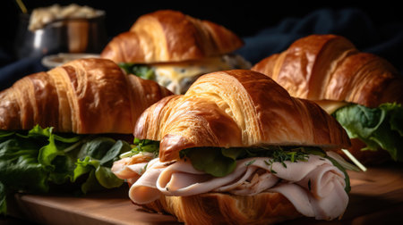 Close - up food photography of platter of delicious deli turkey croissant sandwiches. Generative AIの素材