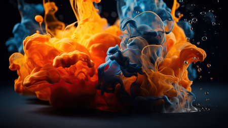 Spectacular image of blue and orange liquid ink churning together, with a realistic texture and great quality. Background. Generative AIの素材