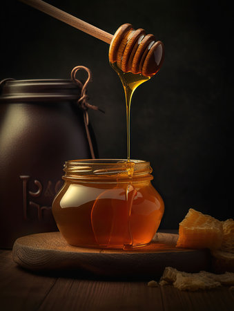 Jar of honey honey is poured from a wooden ladle. Generative AIの素材