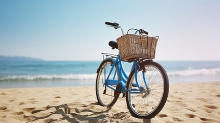 Feminine bicycle of comfort class with empty basket on the sandy beach of mediterranean sea. Blue cruiser bike on sunny day at sea shore. Generative AIの素材