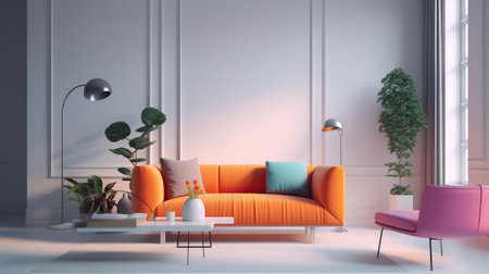 Colored minimalis living room design, simple fictional, sophisticated, product design, furniture design, white background. Generative AIの素材