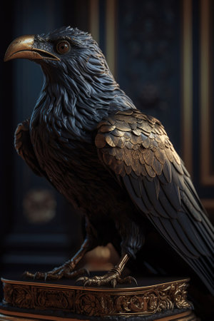 A Legendary Raven Statue, Brilliantly Gilded with Golden Filigree, Generative AIの素材