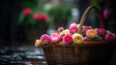 A basket full of roses after the rain, bokeh background. Generative AIの素材