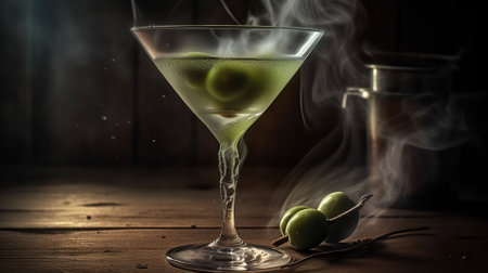A martini glass is filled with clear vodka and liquid nitrogen, with small green olive in glass, A gentle white mist is slowing flowing out of the martini glass into the air, Generative AIの素材