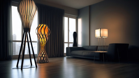 floor lamp modern design, in the style of dramatic use of shadows, dark red and gray, backlit photography, romantic interiors, luxurious interiors. Generative AIの素材