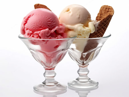 Vanilla, strawberry and chocolate ice cream scoops with wafer stick in sundae bowl or ice cream in sundae dish isolated on white background, Generative AIの素材
