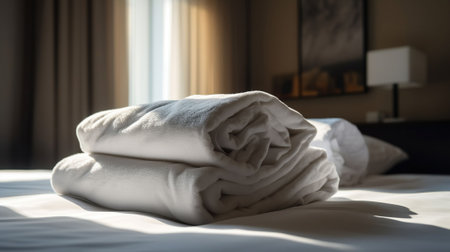 Hotel room with freshly made bed, perfectly clean and ironed sheets, stack of new folded towels and single flower as decoration in natural sun light. Generative AIの素材