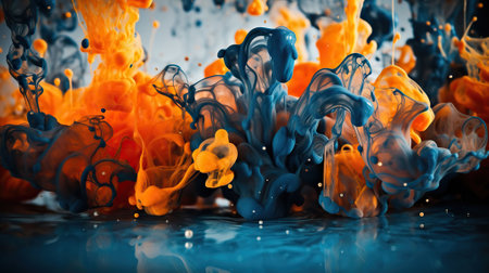 Spectacular image of blue and orange liquid ink churning together, with a realistic texture and great quality. Background. Generative AIの素材