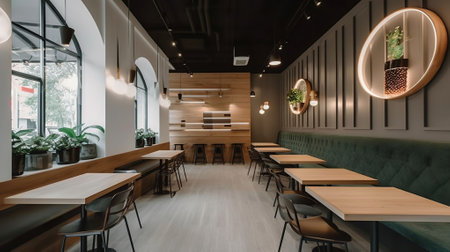 The interior of a modern cafe of 100 square meters with chairs and tables, A modern and minimalist food court with a focus on health and wellness. Generative AIの素材