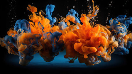 Spectacular image of blue and orange liquid ink churning together, with a realistic texture and great quality. 3D Illustration. Generative AIの素材