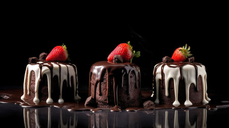 Three chocolates cake with chocolate drips on a black background. Generative AIの素材