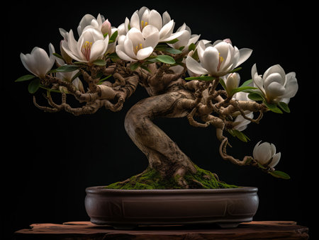 An exquisite bonsai magnolia tree, extremely detailed perfect flowers with plush waxy petals, growing in a kintsugi bowl, cut away view of root structure, rim light, dramatic lighting, Generative AIの素材
