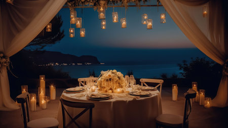 A Night to Remember: Celestial Wedding Theme with Imperial Table Setting and Ocean Vistas with soft candlelight. Generative AIの素材