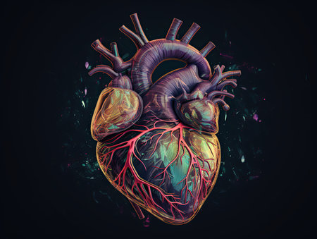 The illustration shows an image of a human heart, in the style of colorful realism, darkly detailed, split toning, strong linear elements, Generative AIの素材