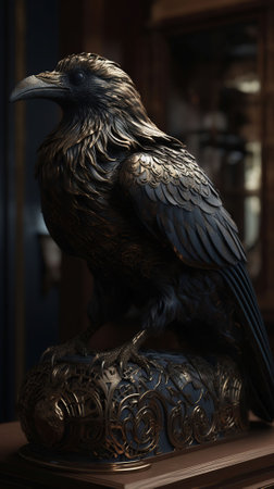Gorgeous Raven statue with golden filigree, epic, Generative AIの素材