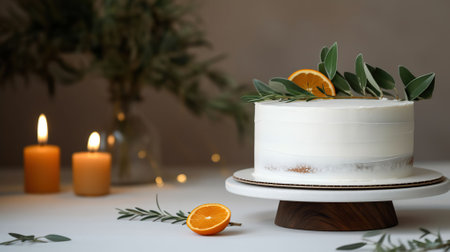 Minimalistic single tier wedding cake with white icing and sliced orange and eucalyptus decoration. Close up, background, top view, Generative AIの素材