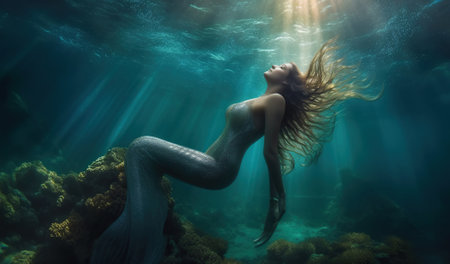 Beautiful mermaid swimming underwater with light shine through water surface. Generative AIの素材