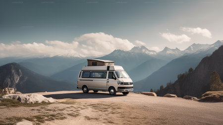 A white camper van is parked on rocky ground in front of mountains, in the style of photo-realistic landscapes, Generative AIの素材