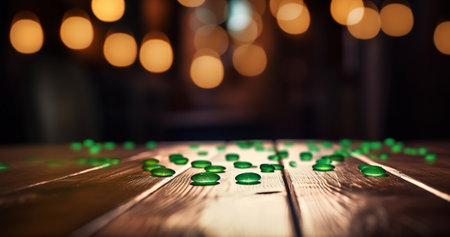 St. Patrick's Day concept. Image of wooden table in front of abstract blurred background of Bar lights. Generative AIの素材