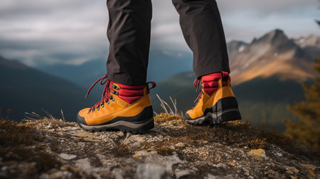 Red, yellow trekking shoes of a hiker crossing a mountainous area at the top of a hill. Generative AIの素材
