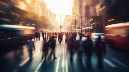 A busy city street, motion, people, rush hour time in city life on bokeh background. Generative AIの素材