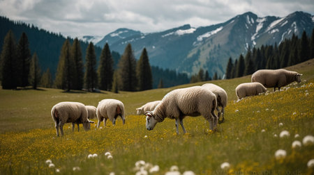 Sheep grazing in alpine meadows and units with mountain nature. Generative AIの素材