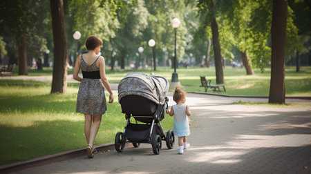 Young mothers in the park walking with strollers, Generative AIの素材