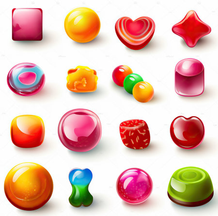 Colorful Set of Hard Candy, Lollipop, Game Asset, Game UI, Chocolate, and Jelly Isolated on White Background. Generative AIの素材