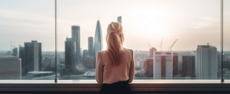 A Businesswoman's View of the Towering Skyscrapers from Her Corporate Sanctum. Generative AIの素材