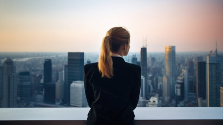 Business woman looks at the city of skyscrapers from the office, view from the back, unrecognizable face. Generative AIの素材