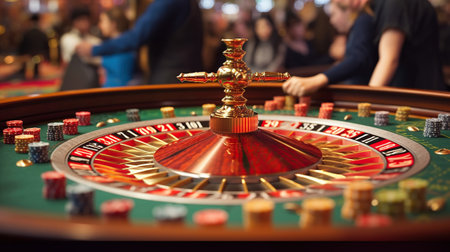 The casino roulette with people playing a roulette, in the style of red and gold, Generative AIの素材