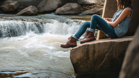 A woman is sitting on a rock next to some water, in the style of macro zoom, Generative AIの素材