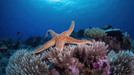 A starfish on a coral reef in the ocean with a blue background and a coral reef in the foreground. Generative AIの素材