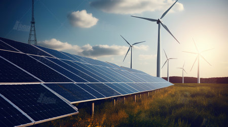 Solar panels and wind turbines generating electricity in power station green energy renewable, Generative AIの素材