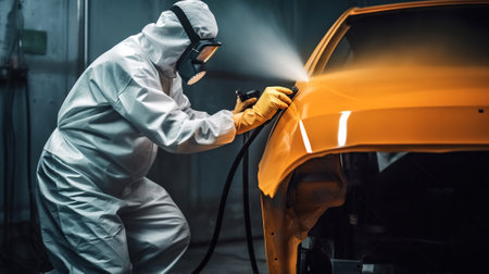 Car painter in protective clothes and mask painting a car, mechanic using a paint spray gun in a painting chamber. Paint job, car service, garage. Generative AIの素材