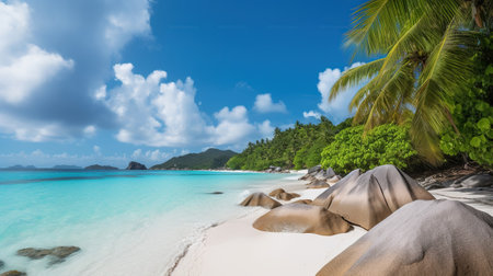Discovering the Idyllic Paradise Beach on a Tropical Island with Palm Trees, White Sand, and Crystal Clear Waters. Generative AIの素材