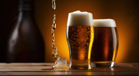 A glass glass of foamy beer from a barrel on a golden background. Generative AIの素材