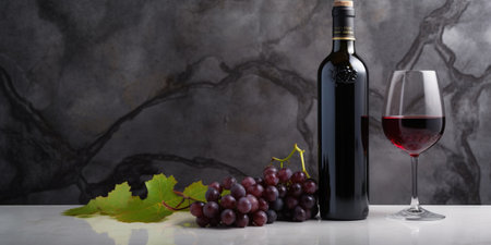 A bottle of wine and a glass with a bunch of grapes on table. Generative AIの素材