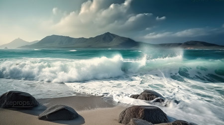A painting of waves crashing on a beach with a mountain in the background. Generative AIの素材