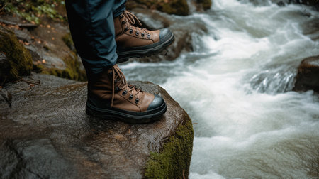 Footsteps of Adventure, A close-up of a hiker's trekking shoes, Conquer Majestic Mountains and Water Cascade through Natures Delight. Generative AIの素材