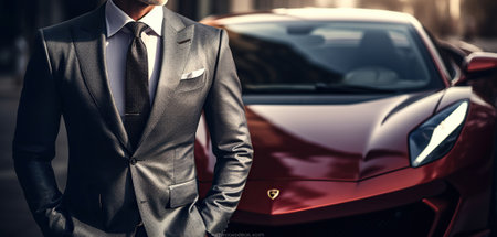 The Affluent Gentleman Embraces Luxury, Posing Beside a Phenomenal Supercar. Generative AIの素材