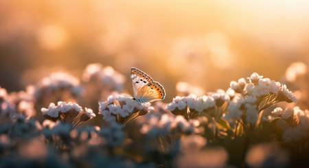 Beautiful flower field with butterfly, macro shot at the golden hour time. Generative AIの素材