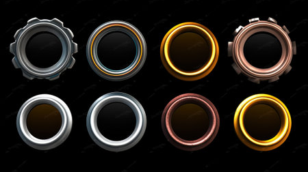 Golden, silver, bronze, copper and rusty metal circle frames, vector game assets. Rusty metal circle frames and gold rings, GUI or game UI elements and arcade game circle box borders. Generative AIの素材