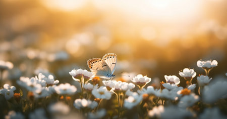 Beautiful flower field with butterfly, macro shot at the golden hour time. Generative AIの素材